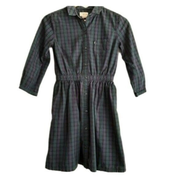 LEVI'S | Plaid Prarie Button Down Shirt Dress Navy Blue & Green Sz XS - Picture 2 of 15
